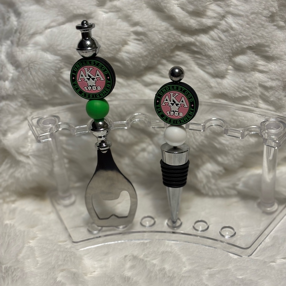 Elegant Green and Silver Bottle Opener and Stopper Set
